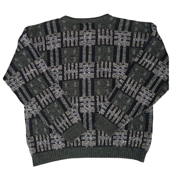 VTG Avenue 21 Sweater XL Green Gray Geometric Knit Crew Neck Long Sleeve Mens - Picture 7 of 9